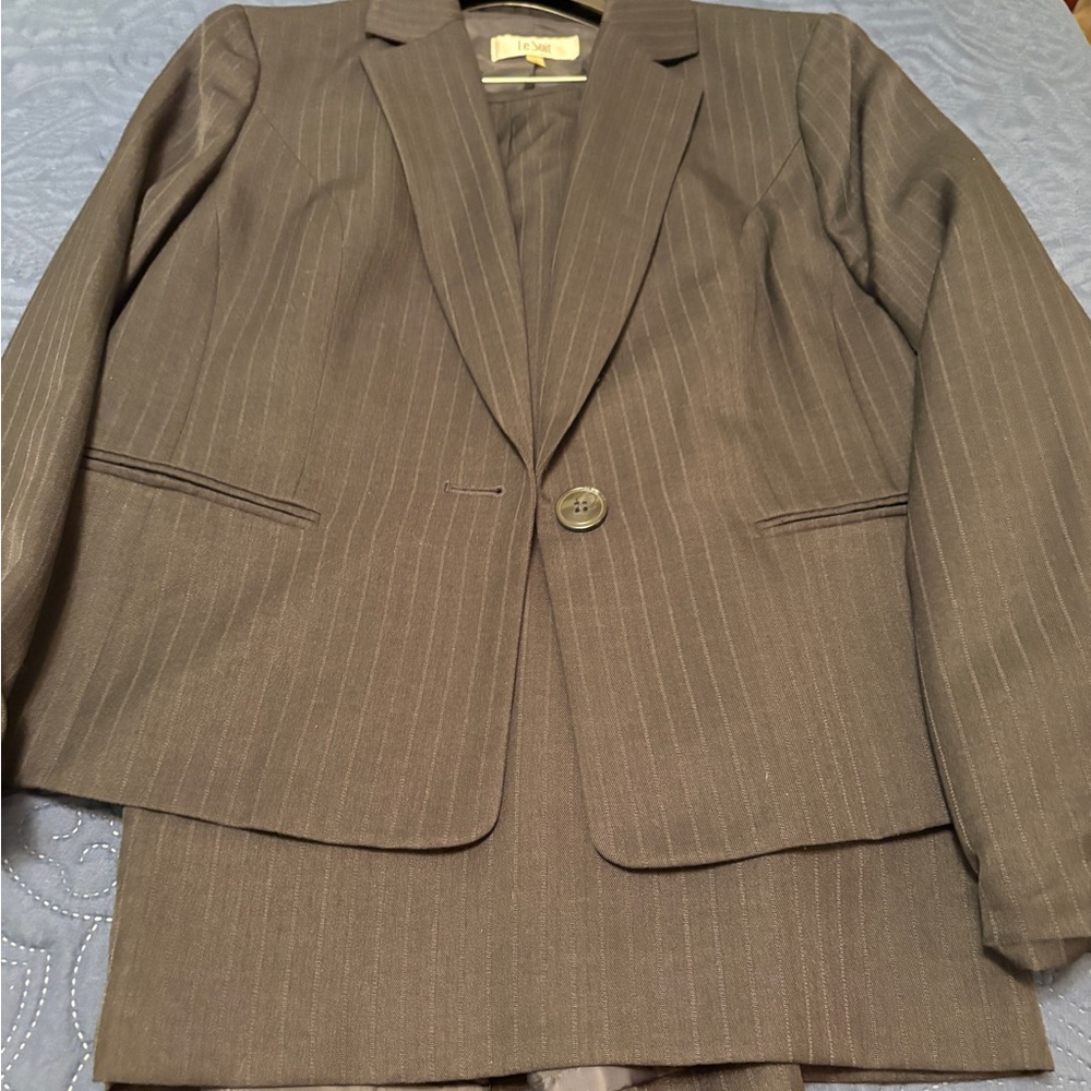Le Suit Gray Pinstripe Jacket and Skirt Set